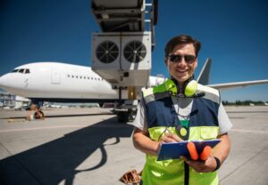 smiling man wearing yellow vest next to plane